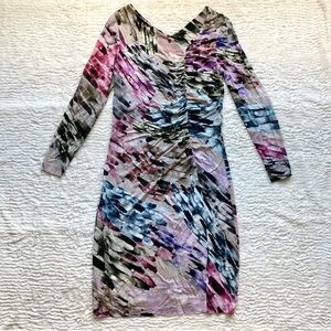 Vintage ESCADA Ruched Sheath Midi Dress Size 42 US 12 L Watercolor Artsy Stretch